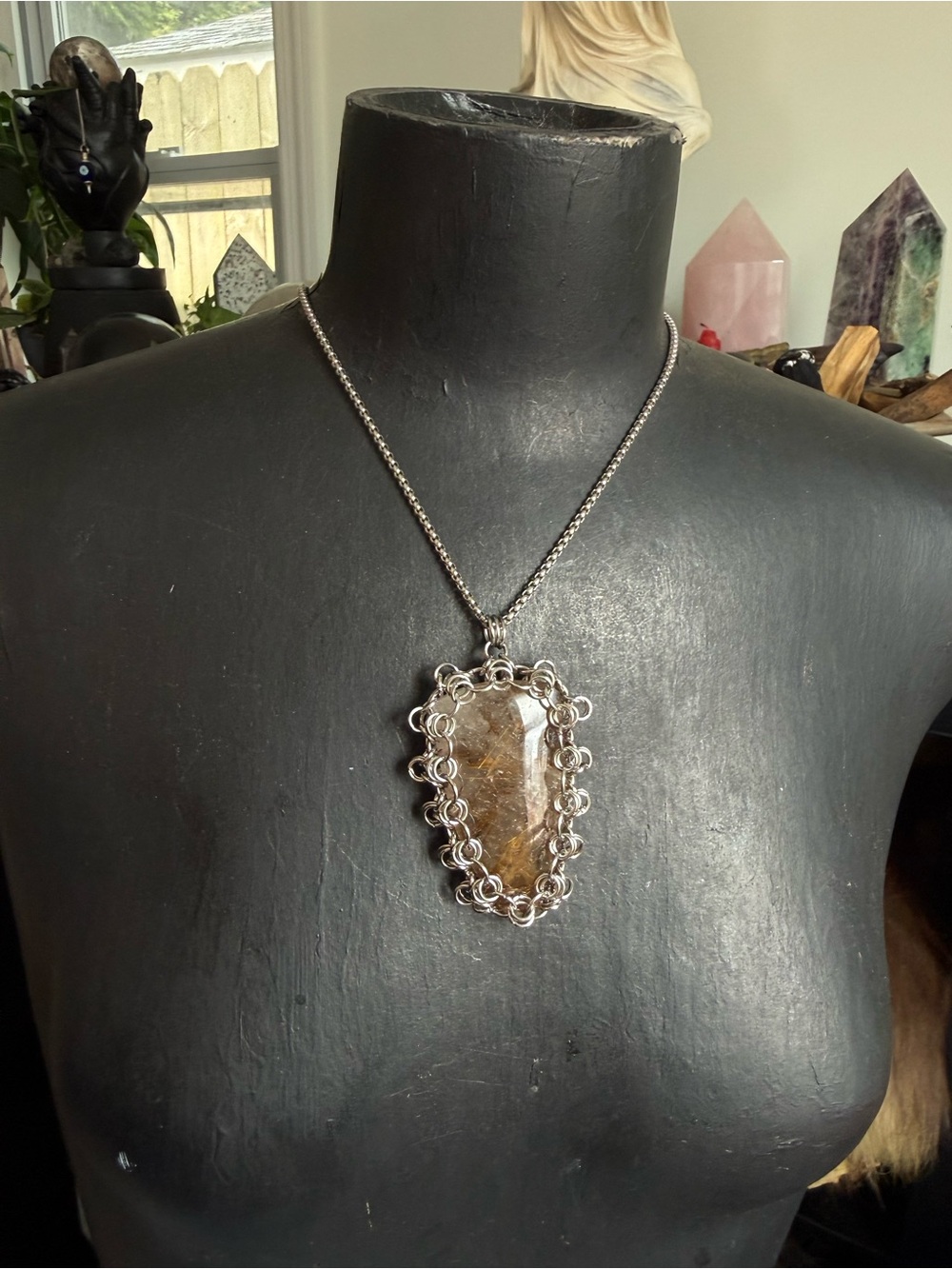 Gold Rutilated Quartz Pendant Necklace chainmaille statement jewelry handmade